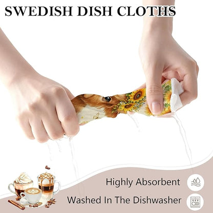 5 Pack Mixed Highland Cow Swedish Kitchen Dishcloths Dish Towels, Floral Highland Cow Dish Towels for Kitchen, Swedish Dishcloth, Paper Towels Reusable, Dish Cloth Towel Cleaning Wipe for Home