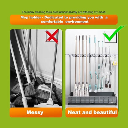 SARKEY Mobile Broom Mop Holder,Freestanding Housekeeping Storage With Hanging Hooks Drip Tray,Solves The Problem Of Dripping Mops And Wet Floors,For Garden,Schools Hotels(81x45x110cm(32x18x43in))