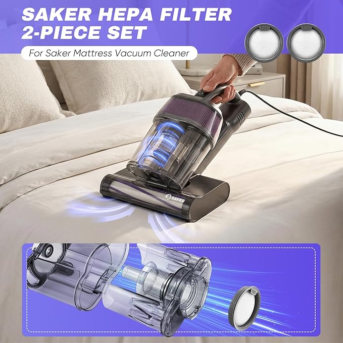 Saker Mattress Vacuum Cleaner with 2 HEPA Replacement Filters, Handheld Bed Vacuum Set with 16KPa Suction, UVC Light, 140°F Heated Air, Aroma Function, 16.4FT Cord for Bed, Sofa, Couch