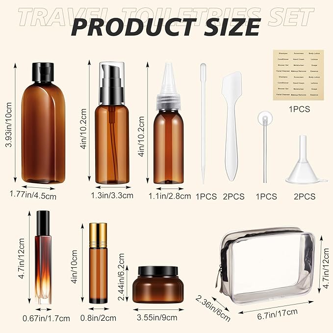 21 Pcs Amber Plastic Travel Toiletry Bottles Set, TSA Approved Travel Containers, Leak Proof Containers with Refillable Squeeze Bottle, Roller Balls, Pump sprayer, Perfume Atomizer, Labels & Funnel