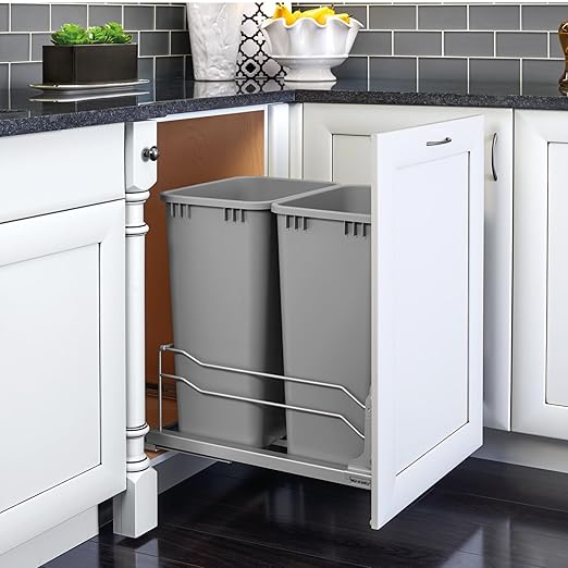 Rev-A-Shelf Double Pullout Trash Cans for Full Height Kitchen Cabinets 50 Quart 12.5 Gallon with Soft-Close Slides, 14.5" Min Opening, 53WC-2150SCDM-217