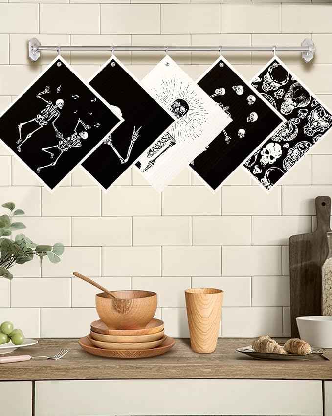 Miss Adola Swedish Dishcloths for Kitchen with Hooks - Reusable Dish Cloths for Washing Dishes Fast Drying Cute Fun 5 Pack Swedish Dish Towels Washable Cleaning Sponge, Dancing Skeleton