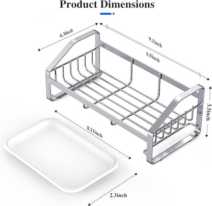 BSKSSK Sink Caddy,Sponge Holder for Kitchen Sink, Kitchen Bathroom Sink Organizer,304 Stainless Steel Kitchen Countertop Organizer Soap Tray with Removable Drain Tray Length Version - Silver