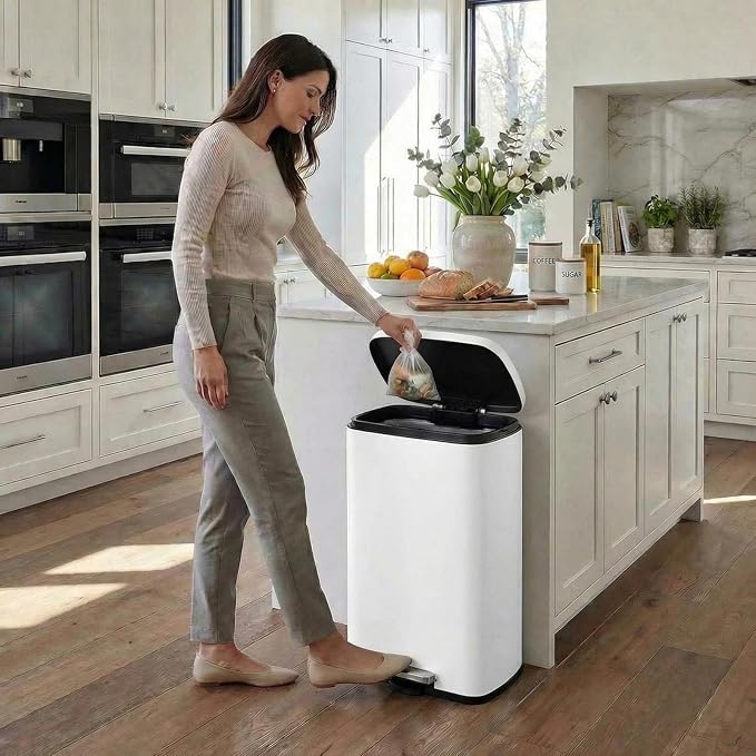 8 Gal Kitchen Trash Can, 30L Recycling or Garbage Bin, Brushed Stainless Steel Waste Basket, Soft&Quiet Close Dustbin, with Step-On Pedal, Removable Inner Bucket, for Home, Office, Living Room