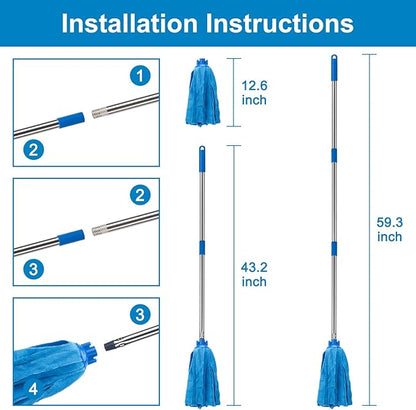 KeFanta Mop, Microfiber Cloth Mops for Floor Cleaning, One Pole with Two Microfiber Cloth Wet Mop Refills, String Mop with 49" Long Handle, Blue (1 Handle & 2 Mop Heads)