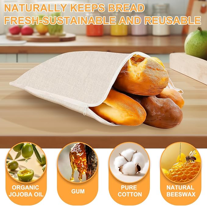 New Wide Zipper Beeswax Bread Bags for Sourdough, Reusable Bread Bags for Homemade Bread, Beeswax Lining Bread Bag for Keep Freshness, 2 Pack, 17x13 Inch