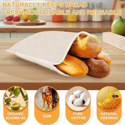 New Wide Zipper Beeswax Bread Bags for Sourdough, Reusable Bread Bags for Homemade Bread, Beeswax Lining Bread Bag for Keep Freshness, 2 Pack, 17x13 Inch