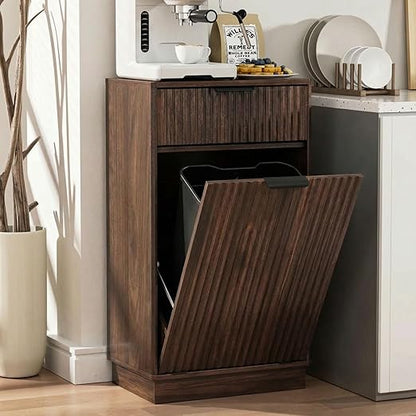 10 Gallon Tilt Out Trash Can Cabinet,Fluted Tilt Out Laundry Hamper Cabinet with Drawer,Wooden Trash can for Kitchen and Living Rooms