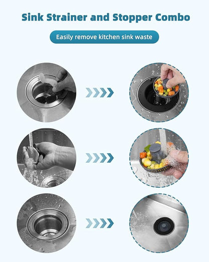 Universal 3 in 1 Kitchen Sink Drain Strainer Stopper Combo, 2PCS Matteblack Stainless Steel Shell Pop Up Sink Stopper for US Standard 3-1/2 inch Drain Filter, Anti-clog and Easy Clean