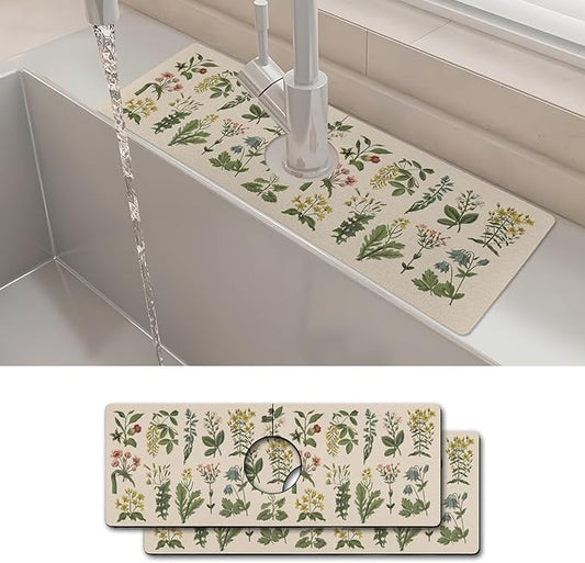 2PCS 15" X 5.5" Kitchen Sink Splash Guard Faucet Mat Floral Super Absorbent Fast Drying Faucet Guard & Draining Mat Sink Splash Guard Behind Faucet for Kitchen, Bathroom