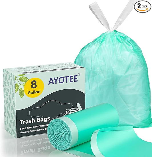 AYOTEE Compostable Trash Bags 8 Gallon Trash Bags Drawstring Unscented, 50 Count Drawstring Thick Tear Free Medium Garbage Bags 8 Gallon, 30L TrashBags Wastebasket Liners for Kitchen Home Office Use