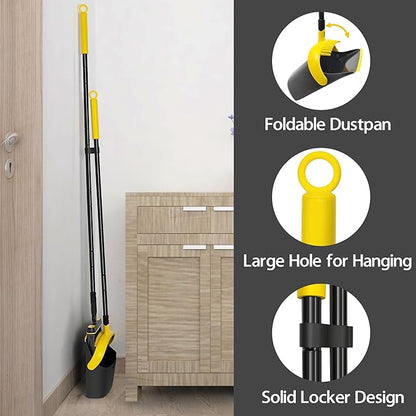 JEHONN Broom and Dust Pan, 54.3 inches Long Handle Swivel Brush, Upright Foldable Dustpan with Comb Teeth for Home Kitchen Lobby Indoor Floor Cleaning (Black & Yellow)
