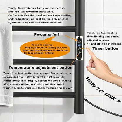 (1 Pack) Electric Towel Warmer with Built-in Timer - Wall Mounted Bathroom Heated Towel Rack, Plug-in Design Black
