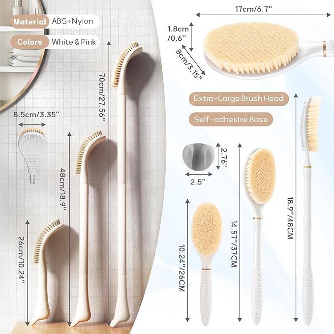 Foot Brush & Back Scrubber Set, 27.5'' Adjustable Foot Scrubber for Shower, 18.9'' Shower Back Scrubber with 3-Length Usage, Great Aid for People with Limited Mobility(White Set)