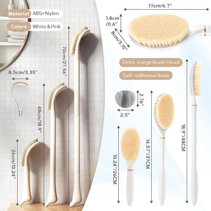 Foot Brush & Back Scrubber Set, 27.5'' Adjustable Foot Scrubber for Shower, 18.9'' Shower Back Scrubber with 3-Length Usage, Great Aid for People with Limited Mobility(White Set)