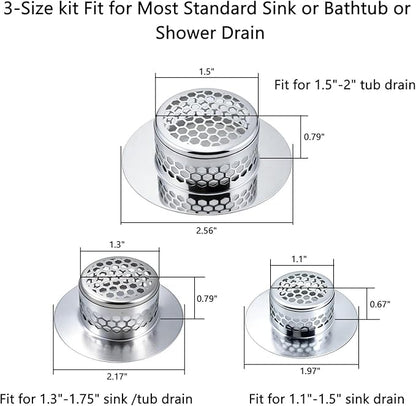 Bathroom Drain Strainers (Set of 3 Sizes), Hair Catcher for Bathroom Sink Bathtub Shower Floor Drain, Stainless Steel Filter Trap Fit Drain Hole from 1.2” to 2.17”