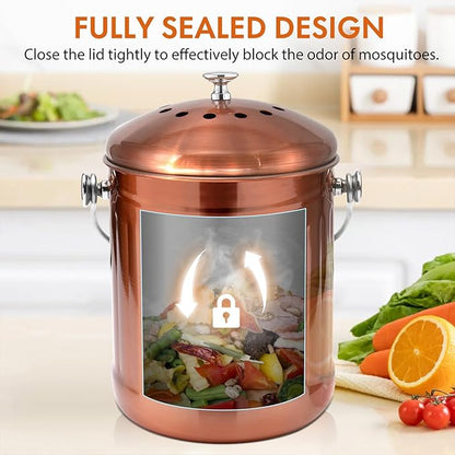 ENLOY Compost Bin for Kitchen Countertop, 1.3 Gallon Matte Copper Stainless Steel Compost Bucket with Lid, Odorless Food Waste Bucket with 2 Charcoal Filters, Indoor Compost Pail with SOFT-GRIP Handle