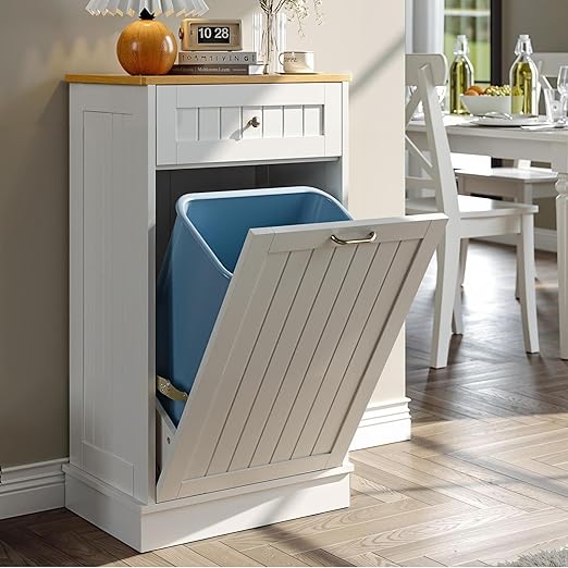 LOUVIXA Tilt Out Trash Can Cabinet, Hidden Trash Cabinet with Drawer, Wooden Dog Proof Trash Can Holder, Tilt Out Laundry Hamper, Garbage Can Holder (White)