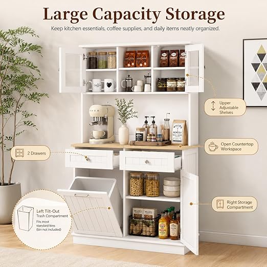 RASOO Trash Can Cabinet 67.7" Tall Kitchen Pantry Storage Sideboard Freestanding Tilt Out Trash Can 10 Gallon Glass Doors with 2 Drawers Microwave Coffe Bar