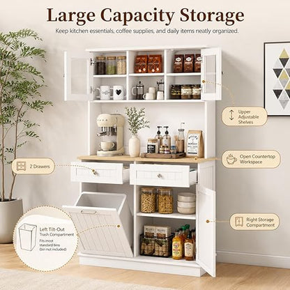 RASOO Trash Can Cabinet 67.7" Tall Kitchen Pantry Storage Sideboard Freestanding Tilt Out Trash Can 10 Gallon Glass Doors with 2 Drawers Microwave Coffe Bar