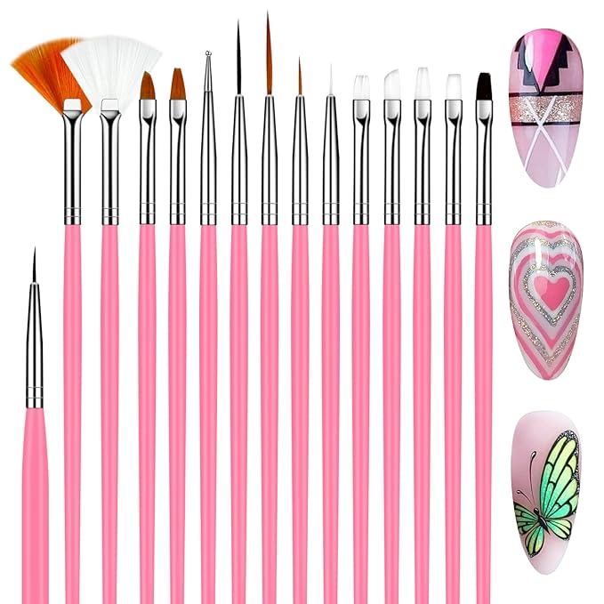 MUIIGOOD 15pcs Pink Nail Art Brushes Set Nail Pen Designer Acrylic Nail Art Gel Painting Brushes Tool Dust Brush,Striping Brushes Dotting Tools for Long Lines Fan Brush Gel Polish Nail Art Supplies