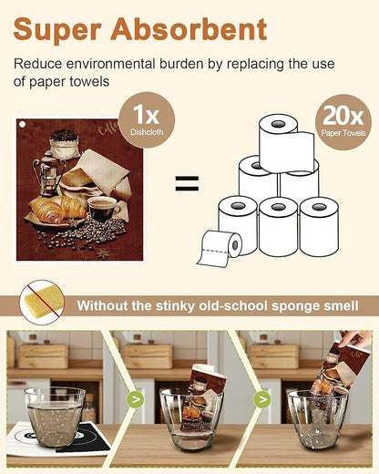 Miss Adola Kitchen Swedish Dishcloths with Hooks - 6 Pack Reusable Dish Cloths for Washing Dishes Fast Drying Cute Fun Swedish Dish Towels Washable Cleaning Sponge, Brown Coffee