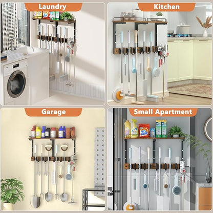 Mop Holder Wall Mount with Cleaning Supplies Organizer, Wood Mop and Broom Hanger Rack Organizer with Anti-Fall Wall Shelf with 5 Clips & Hooks for Garage Laundry Room Organization, Brown