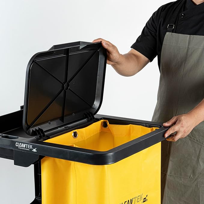 Restaurantware-Clean Tek Professional Janitor Cart with Wheels, 1 Cleaning Trolley with Cover and 18 Gallon Bag - 3 Shelves, Heavy-Duty, Black Plastic Commercial Janitorial Cart, for Restaurants