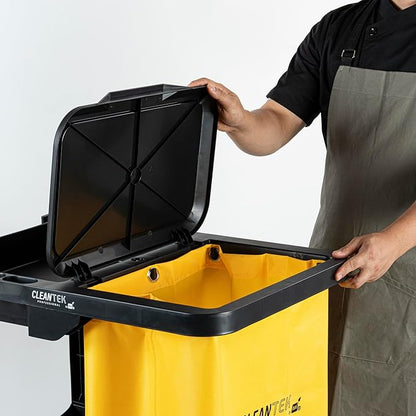 Restaurantware-Clean Tek Professional Janitor Cart with Wheels, 1 Cleaning Trolley with Cover and 18 Gallon Bag - 3 Shelves, Heavy-Duty, Black Plastic Commercial Janitorial Cart, for Restaurants
