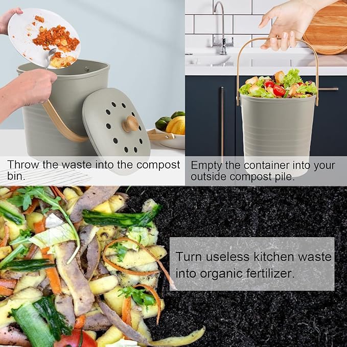 Compost Bin Kitchen, LALASTAR Countertop Compost Bin with Lid, Made of Sustainable Bamboo Fiber, Odorless Indoor Compost Bucket, 1 Gallon, Grey, Square
