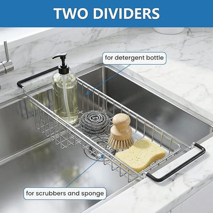 TreeLen Over The Kitchen Sink Caddy Sponge Holder Organizer Drying Rack Expandable for Sponge Brush Soap 13.8" to 20.8", Stainless Steel