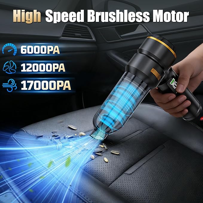 Handheld Vacuum Cordless, 17000PA High Power Car Vacuum Portable Cordless, Brushless Motor with Digital Display, Car Vacuum Cleaner for Office Desk Home Kitchen Car Pet Hair