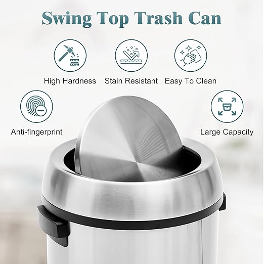 Garvee 65 L/17 gal Swing Top Trash Can, Fingerprint-Proof Stainless Steel Garbage Can, Heavy Duty Commercial Round Trash Bin with Swing Lid for Kitchen, Outdoor, Home, Office, Silver