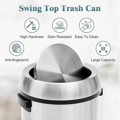 Garvee 65 L/17 gal Swing Top Trash Can, Fingerprint-Proof Stainless Steel Garbage Can, Heavy Duty Commercial Round Trash Bin with Swing Lid for Kitchen, Outdoor, Home, Office, Silver