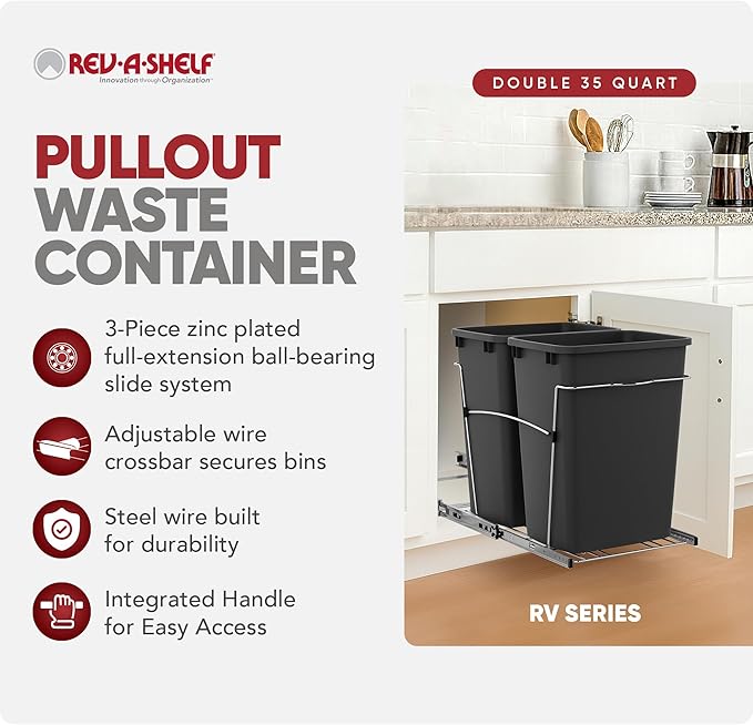 Rev-A-Shelf Double 35 Qt Pullout Trash Can for Base Kitchen Cabinets, Garbage Waste Bin System with Full-Extension Slides, Min Opening Width of 14.5", Black, RV-18KD-18C S