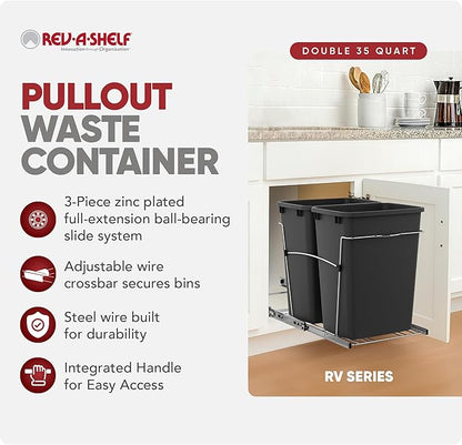 Rev-A-Shelf Double 35 Qt Pullout Trash Can for Base Kitchen Cabinets, Garbage Waste Bin System with Full-Extension Slides, Min Opening Width of 14.5", Black, RV-18KD-18C S