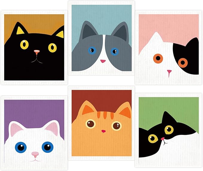 Cute Cat Swedish Dish Clothes Pack of 6, Reusable, Absorbent Hand Towels for Kitchen, Bathroom and Cleaning Counters Cellulose Sponge Cloth