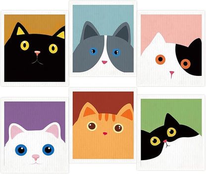 Cute Cat Swedish Dish Clothes Pack of 6, Reusable, Absorbent Hand Towels for Kitchen, Bathroom and Cleaning Counters Cellulose Sponge Cloth