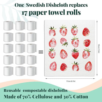 Strawberries Swedish Dishcloths for Kitchen, Pink Swedish Dish Cloths for Friut, Papaya Reusable Paper Towels, 4 Pack Cleaning Cloth for Kitchen, Reusable Paper Towels Washable
