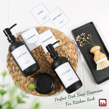 GMISUN Kitchen Soap Dispenser Set, 17 fl oz Dish Soap Dispenser with Ceramic Tray & Bamboo Brush for Kitchen, 2Pcs Matte Black Glass Hand and Dish Soap Dispenser Set, Refillable Soap Bottle Set