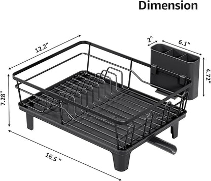 Urackify Dish Drying Rack for Kitchen Counter, Sink Dish Rack with Drainboard 12.2" W x 16.5" L, Large Dish Drainer with Cutlery Holder, Home Countertop Plate Dryer Storage Rack, Black