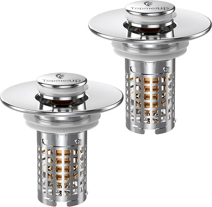Bathroom Sink Drain Strainer(New-2pcs), Pop-up Sink Drain Strainer with Removable Stainless Steel Strainer Basket Hair Catcher, Bathroom Sink Strainer for Bathroom Sink Stopper Replacement
