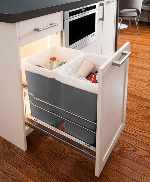Rok Hardware Soft Closing Undermount Kitchen Cabinet Heavy Duty Pull Out Organizer Trash and Recycling Center with Gray Finish Dual 36 Quart Capacity Waste Recycle Bins Garbage Can, ROKRECYCLE3GRY