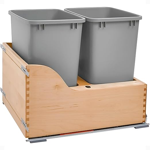 Rev-A-Shelf 35 Qt Bottom Mount Double Pullout Under Cabinet Kitchen Trash Cans w/Soft-Close for Base Cabinets, 150 Pound Rated Full-Extension Slides, Min Opening Width of 18", Silver, 4WCSC-2135DM-2