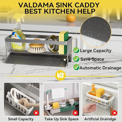 Kitchen Sink Caddy Organzier with Sponge Holder and Removable Drip Tray for Kitchen Sink, 304 Stainless Steel Organize for Sponge Soap Dish Brush Storage Accessories(Grey)