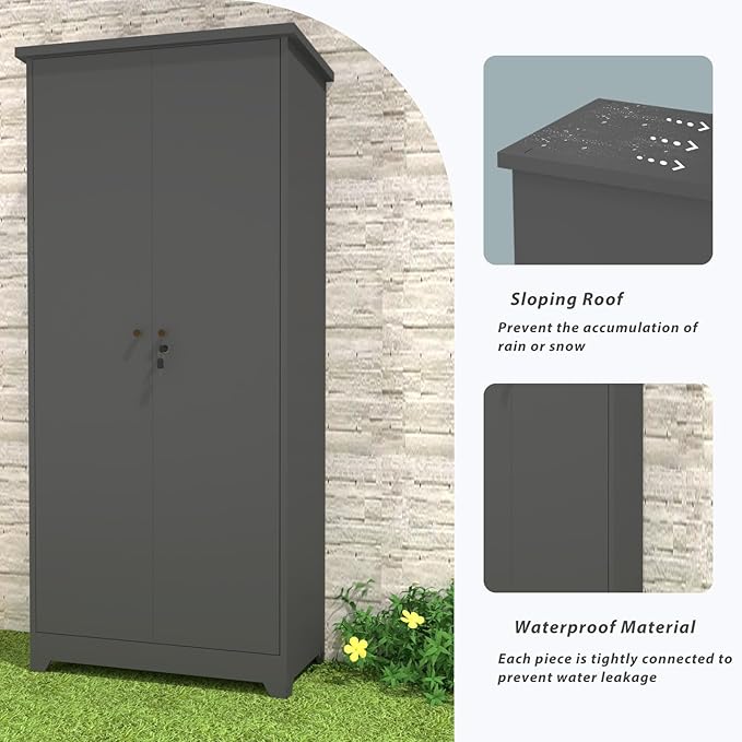 Outdoor Storage Cabinet,Garden Storage Cabinet with Sloping Roof and Waterproof Coating,Metal Storage Cabinets with Lockable Doors for Backyard,Lawn,Dark Gray
