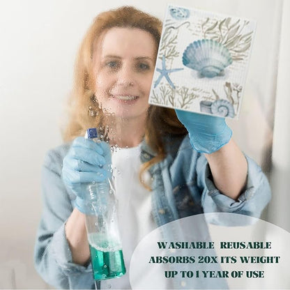Beach Swedish Dishcloths for Kitchen, 4 Pack Watercolor Dish Towels for Kitchen, Blue Swedish Dish Cloths, Reusable Paper Towels Washable, Sponge Cloths