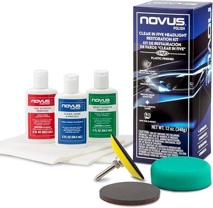 NOVUS Clear in Five Headlight Restoration Kit | 2 Ounce #1, 2, & 3 Bottles, Buffing Pad, Backing Pad Drill Attachment, 1,000 Grit Sanding Disk, 3 Polish Mates