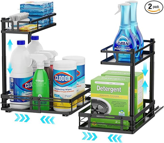 iSPECLE Under Kitchen Sink Organizer, 2 Pack L-Shaped Height Adjustable Pull-Out Cabinet Organizer for Center-Mounted Garbage Disposal & Plumbing, Heavy-Duty Sliding for 30-36 Inch Wide Sink Cabinets