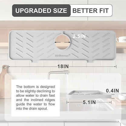 Silicone Faucet Mat for Kitchen Sink – Gen 2 Splash Guard with Upgraded Outlet & Slope – 18” x 5.1” Water Catcher & Sink Sponge Holder for Kitchen and Bathroom (Gray)